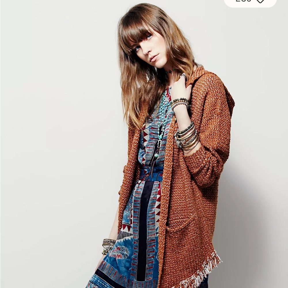 Free People Love Me Tender Cardi Fringe Long Brown Tan Cardigan size S - Picture 3 of 7
